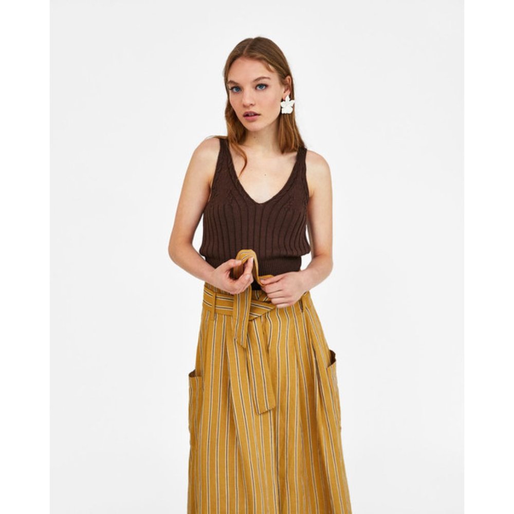 Zara Voluminous Linen Blend Striped Skirt with Bow Detail - Picture 8 of 8